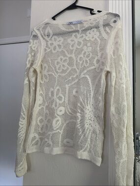 Zara Ivory Floral Sheer Knit Long Sleeve Top